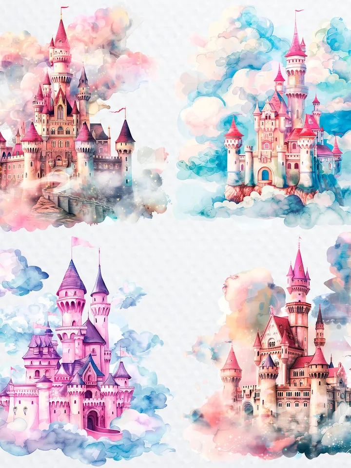 12 Princess Castle PNG Clipart, Watercolor Princess Castle In the clouds for sublimation, Princess Castle Paper craft, Junk Journals