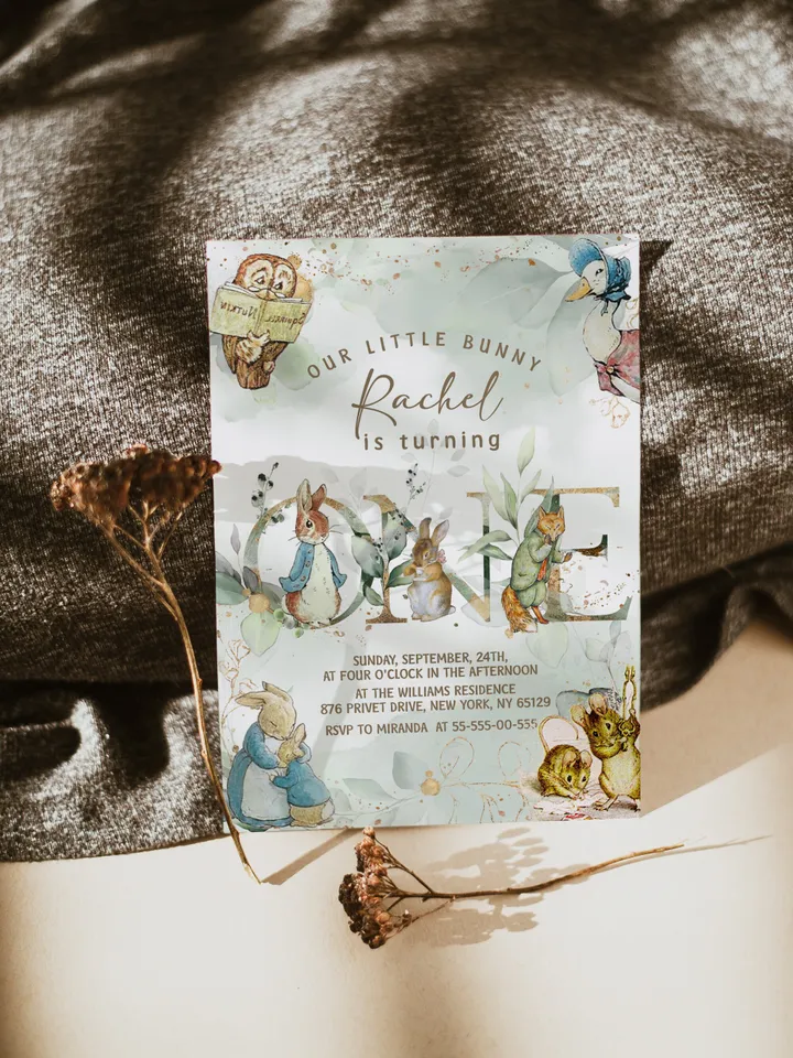 DIY Classic Peter Rabbit First Birthday Invitation; Peter Rabbit neutral birthday any age editable template; tale of peter rabbit pr5