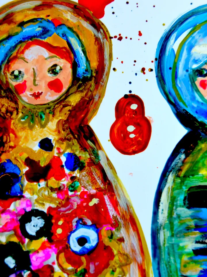 Russian dolls Poster, colourful poster made from my original mix media painting on yupo paper,dolls painting wall decoration