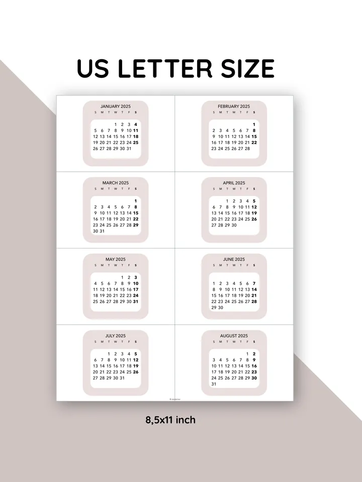 Digital monthly stickers 2025. Planner journal sticker. Student sticker calendar. 12 month sticker calendar. Sunday week start
