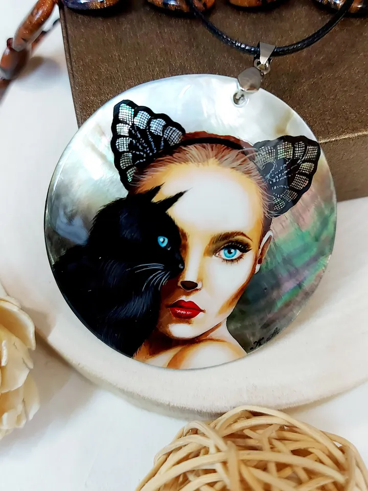 Mother-of-pearl Russian hand-painted necklace pendant "Сatwoman" Jewelry Russian jewelry magic of painting fine art jewelry Fedoskino