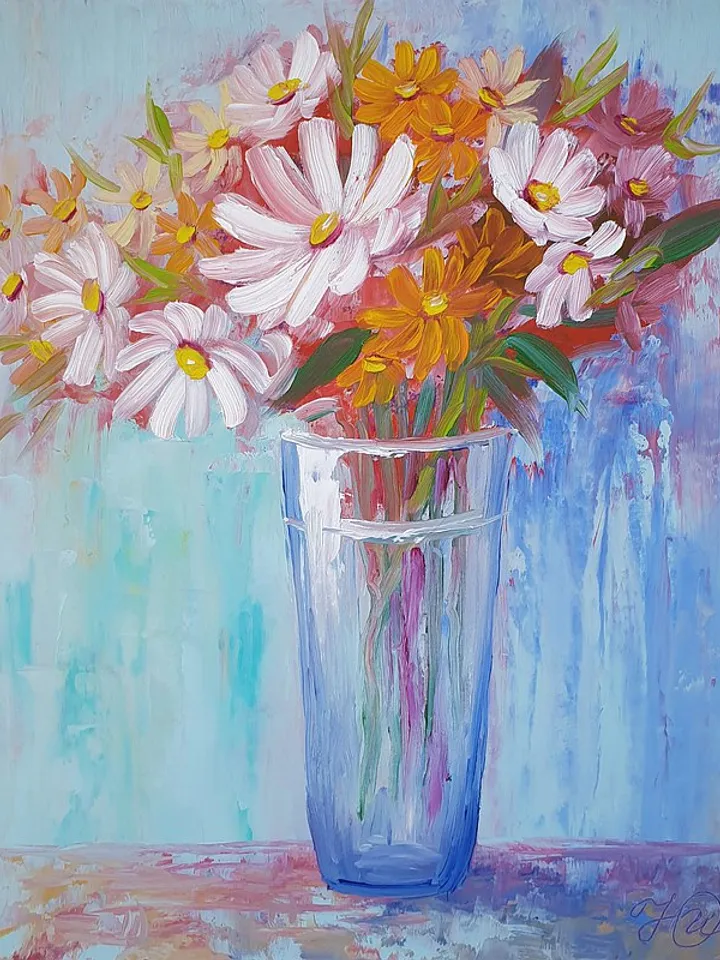Daisy Painting Bouquet Original Art Still Life Wall Art Floral Oil Painting