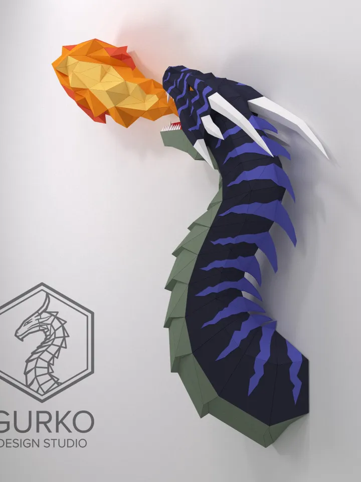Papercraft Dragon With Flame, Digital Template, PDF Download, Gurko, 3D Low Poly, Pepakura, DIY Origami Sculpture, Paper Decor, DIY Gift