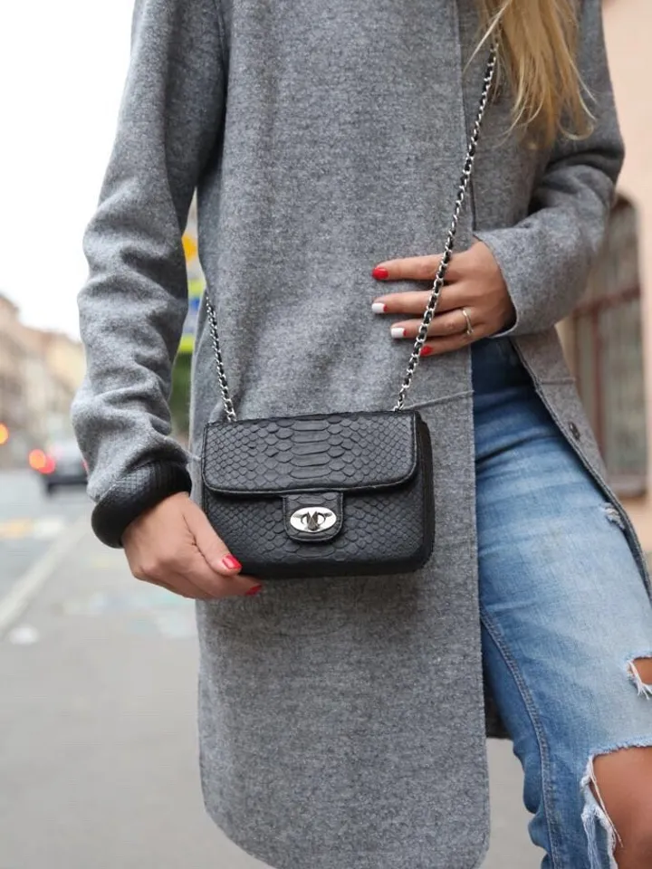Genuine python skin adjustable chain crossbody black women classy MINI bag, classy evening bag, leather small black bag, black purse