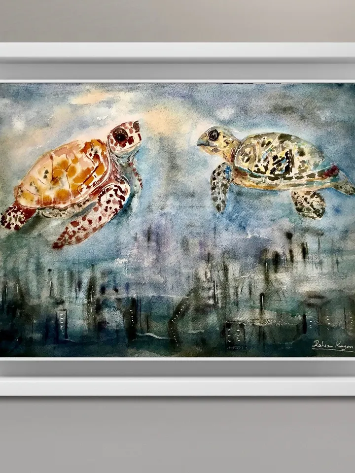 Turtles flying over a fantasy town,original watercolor painting,turtles painting,animals watercolor painting,fantasy wall art.