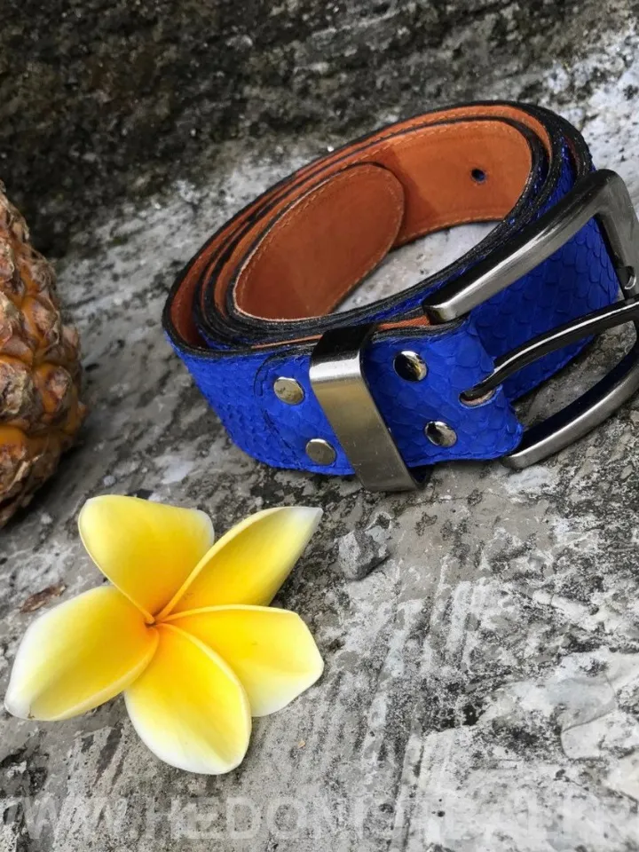 Genuine python skin blue belt | electric blue ultramarine belt | handmade leather belts | unisex belt | exotic leather belt |