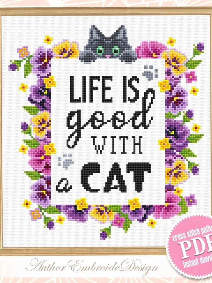 Flower cat cross stitch pattern PDF download Cat quotes cross stitch chart, Life Is Good With A Cat, Flower wreath pattern digital PDF #Q44