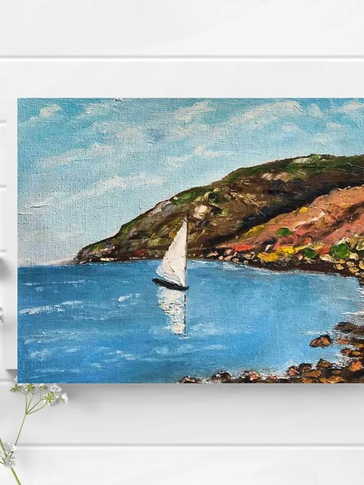 Landscape with sea White Sailboat Art Painting Original Painting on Canvas