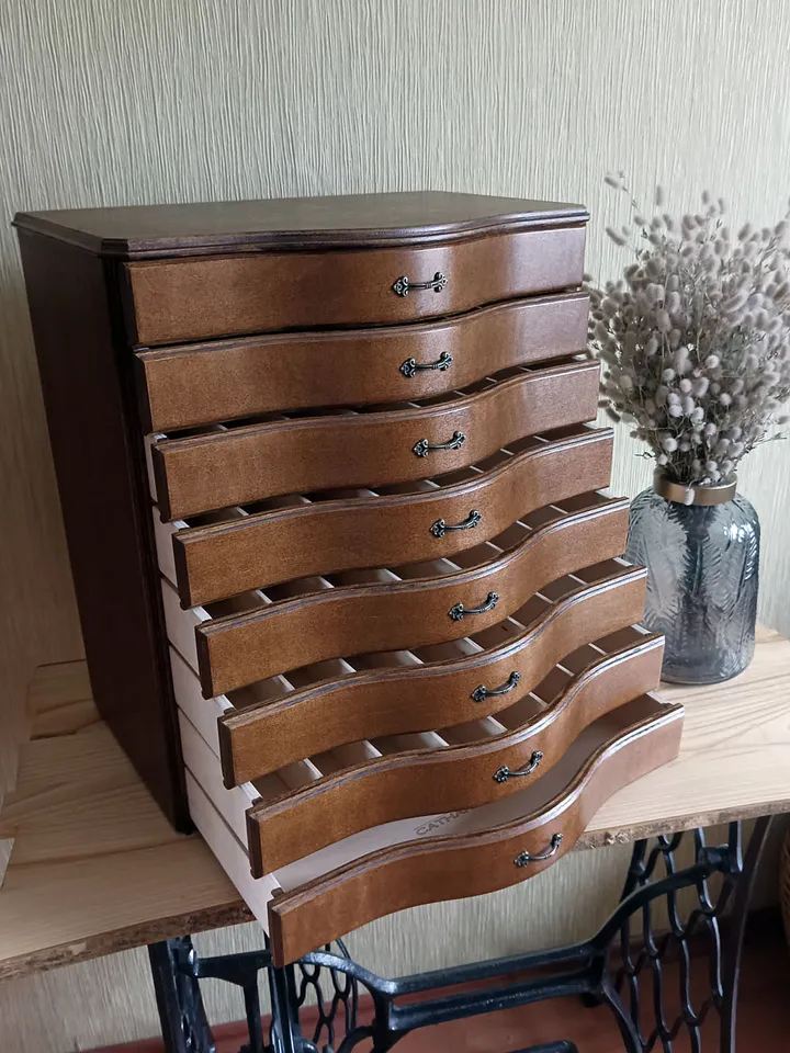 Floss storage cabinet for DMC floss bobbins and skeins, Stitching drawer box with curved faces in vintage style