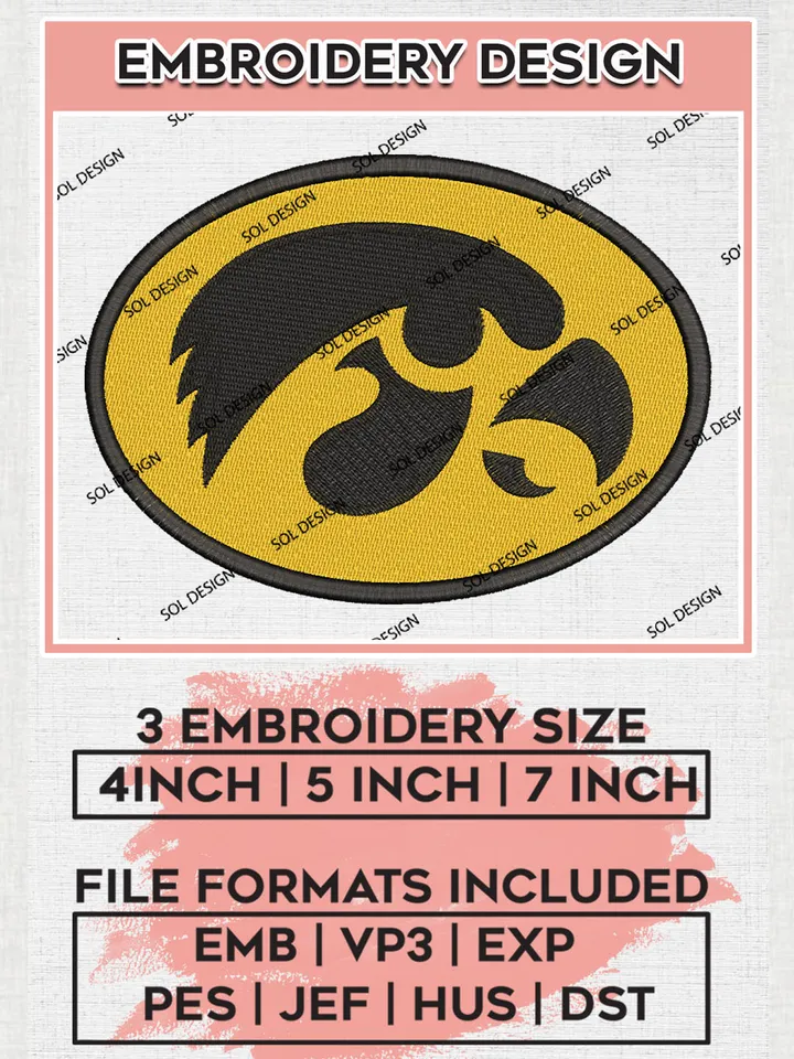 Iowa Hawkeyes College Team Mascot Logo Embroidery Design Files, NCAA Iowa Hawkeyes Machine Embroidery, NCAA Teams, 3 sizes, NCAA Machine embroidery designs, Digital Download