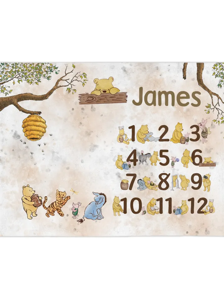 Personalized Milestone Blanket Winnie Pooh, Classic Winnie Pooh Milestone Blanket, Personalized Pooh Blanket, Hundred Acre Wood; wp00