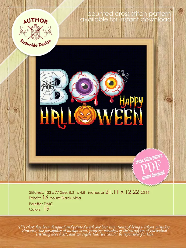 Happy Halloween cross stitch pattern PDF download Boo cross stitch chart, Spooky Halloween pattern digital PDF, Halloween embroidery #H12