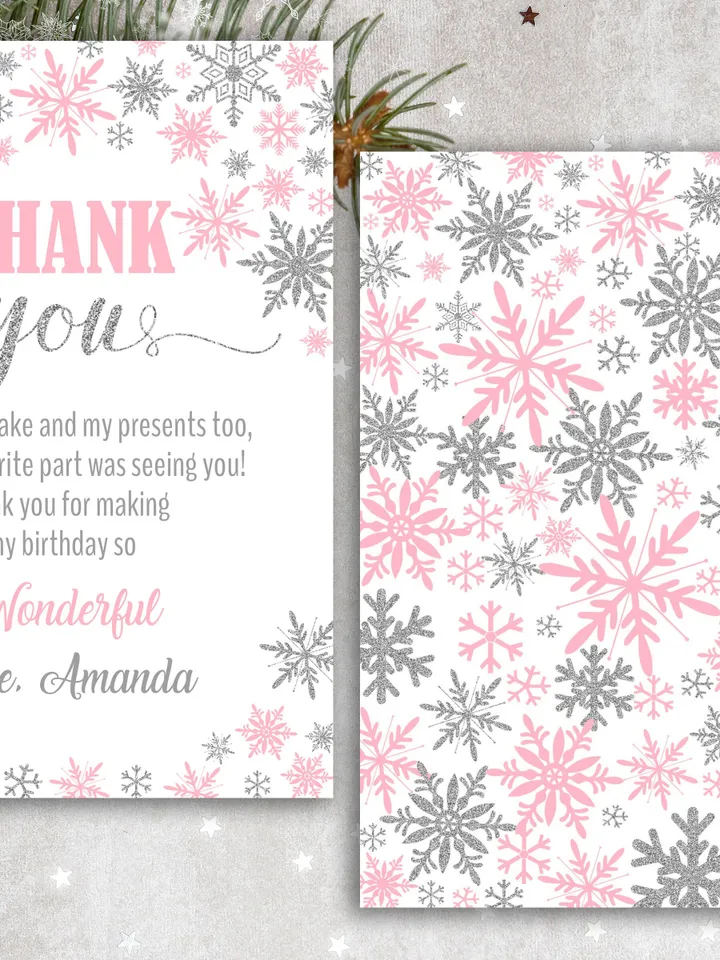 Winter Onederland Thank you card, Winter Onederland Birthday Girl Decorations, Pink Silver Snowflake Note Card