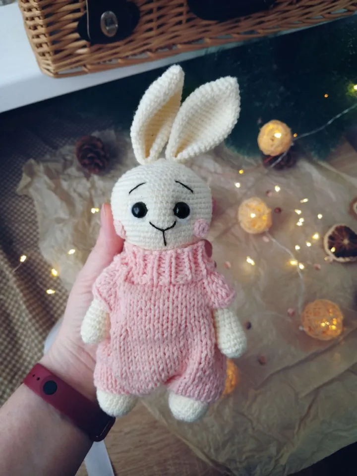 Stuffed bunny toy in pink clothes for nursery gift. Handmade Organic baby toys. Plush toys for baby