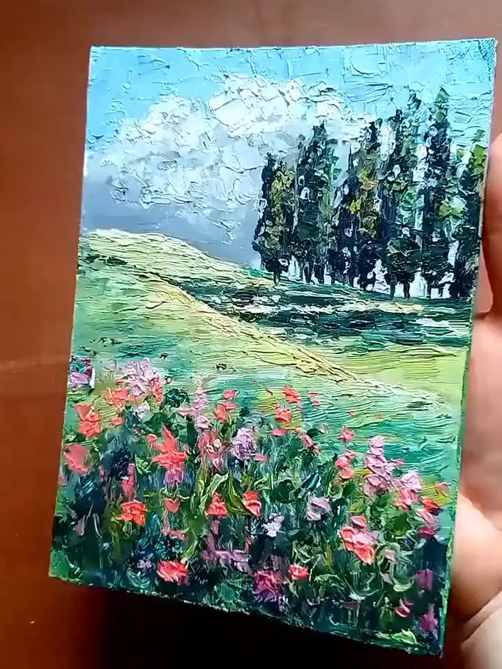 Oil painting panoramic landscape nature original handmade impressionism,panoramic scenery small art impasto wall art,green print artwork