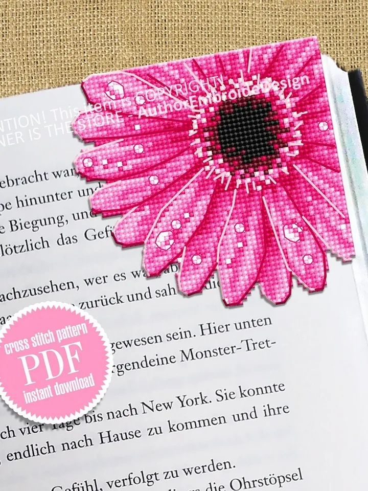 Gerbera Corner bookmark cross stitch pattern PDF download Pink flower cross stitch chart, Flower bookmark for women Floral pattern PDF #B257