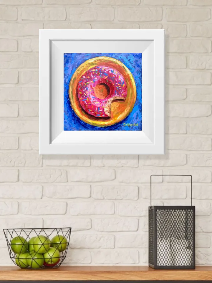 Breakfast Painting Donut Original Art Food Painting Small Kitchen Decor Sweet Art Miniature 8"x 8" By Colibri Art