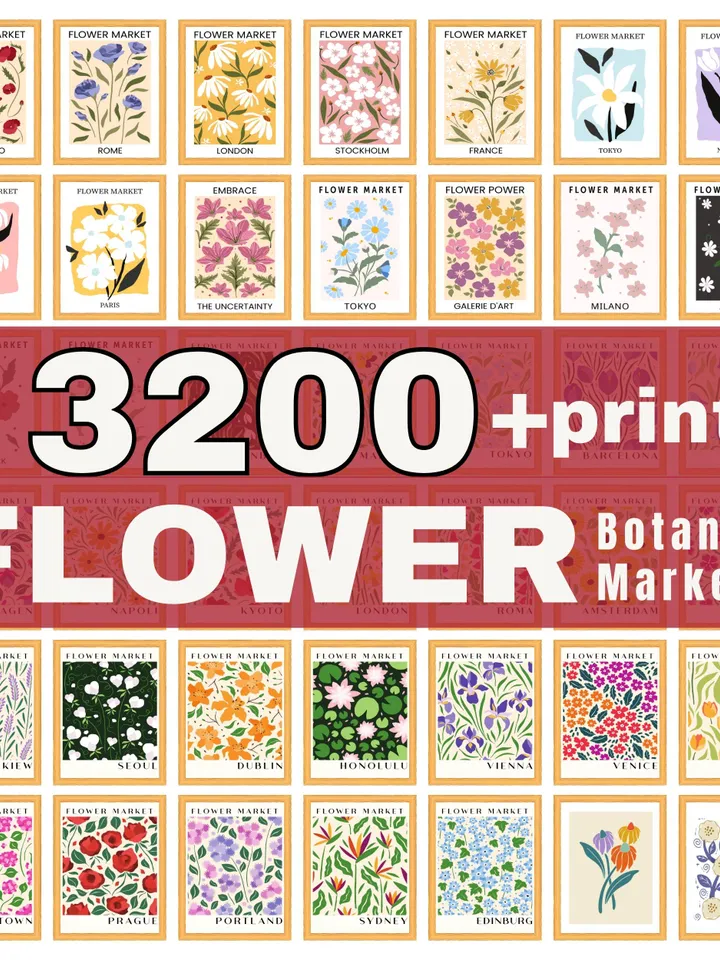 Flower Market Print Set of 3200 Flower Gallery Wall Set, Trendy Floral Posters Colorful Art Print Bundle, Botanical Art Set,Digital Download