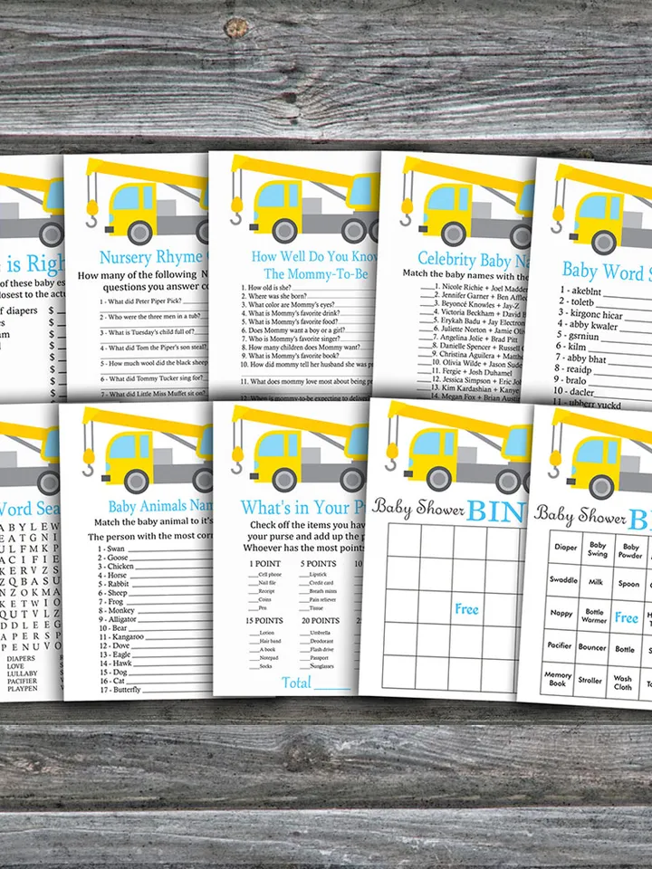 Construction baby shower games bundle,Crane Baby Shower games package,Fun Baby Shower Games,9 Printable Games-374