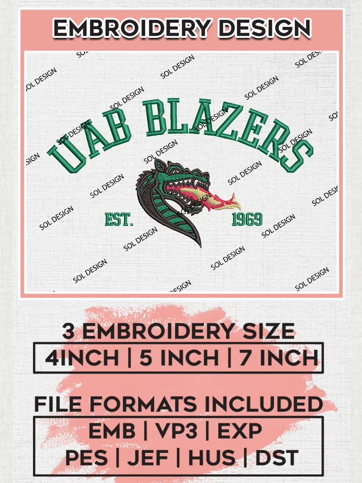 NCAA UAB Blazers Team Est 1969 Logo Embroidery Design Files, NCAA UAB Blazers Machine Embroidery, NCAA Teams, 3 sizes, NCAA Machine embroidery designs, Digital Download