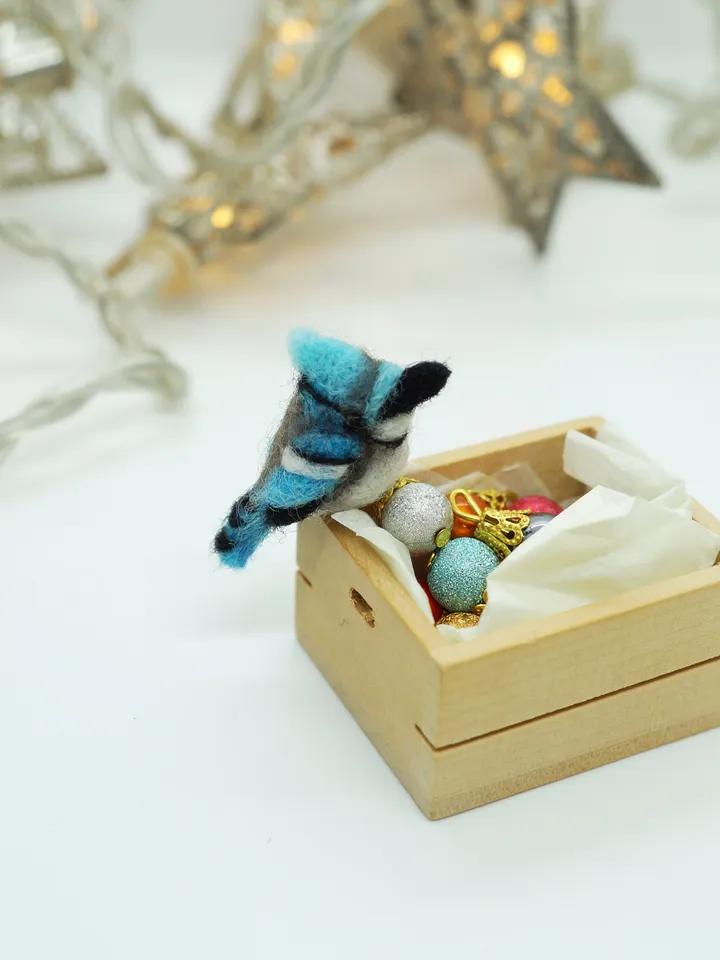 Tiny needle felted blue jay, miniature bird, made to order