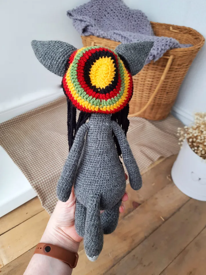 Gray wolf toy in Funny Bob Marley Rasta dreadlock Hat. Replica Rasta toy best friends gift