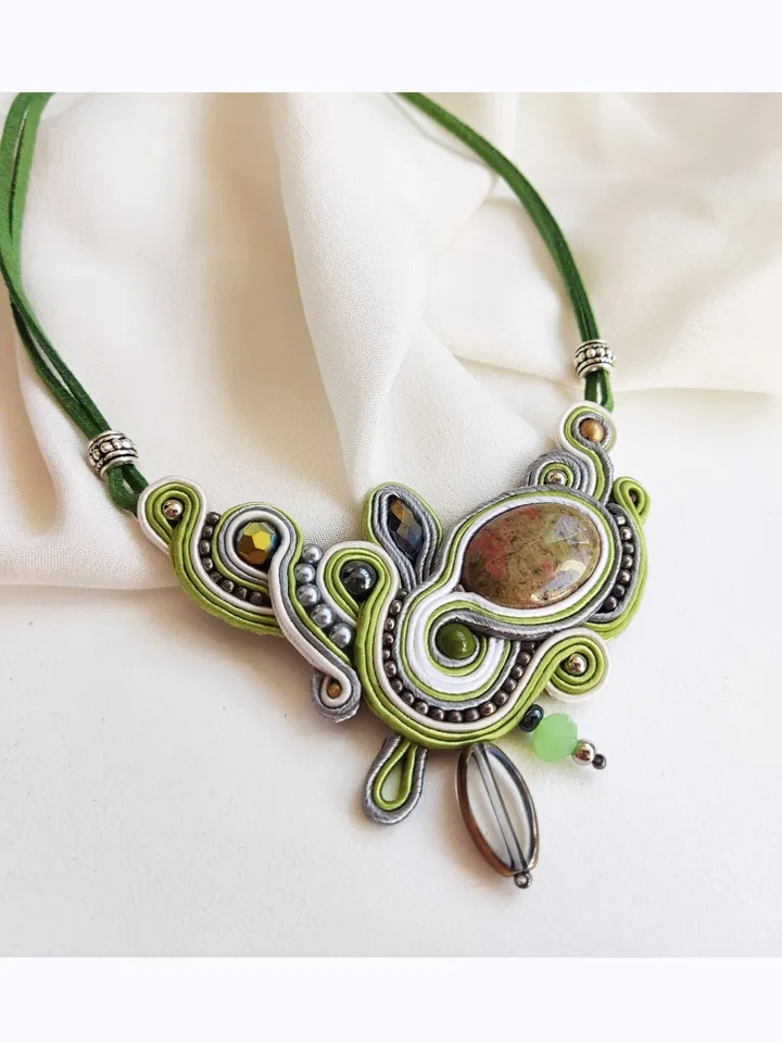 Green Statement Necklace with Unakite Stone, Soutache embroidered necklace with natural stone