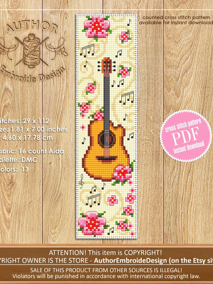 Music bookmark cross stitch pattern PDF download Acoustic guitar cross stitch chart, Flower bookmark pattern digital PDF Floral guitar #B408