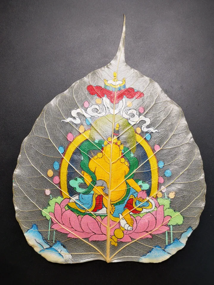Gandhanra Handpainted Bodhi Leaf Thangka,Packed in Wooden Picture Frame,Painted with Natural Mineral Pigments,Yellow Jambhala Thangka
