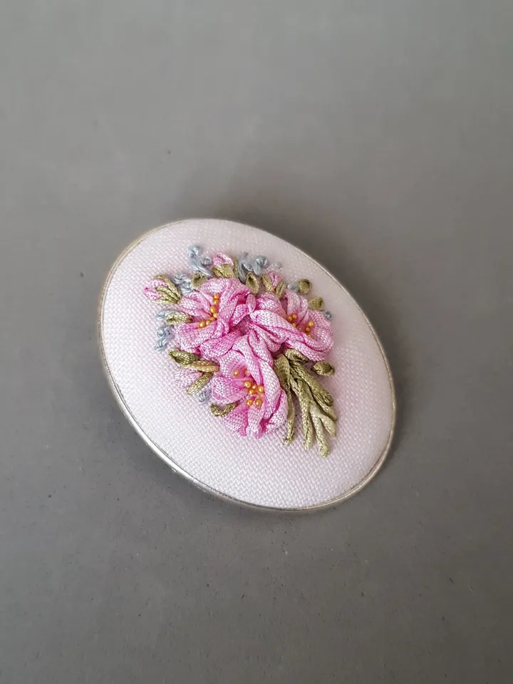 Ribbon embroidered pink brooch for her, embroidered jewelry, art 26