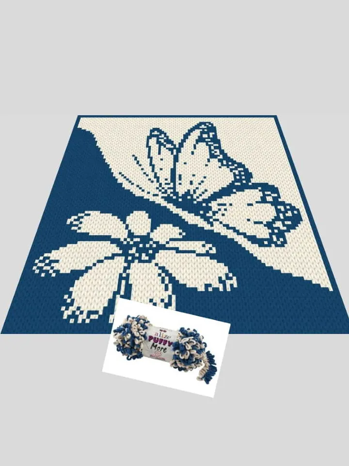 Loop yarn finger knitted Butterfly&Flower blanket pattern PDF