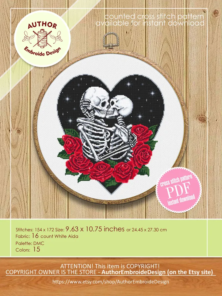 Skeleton couple in love gothic cross stitch pattern download PDF Gothic heart cross stitch chart, Gothic valentine design, Goth wedding #H53