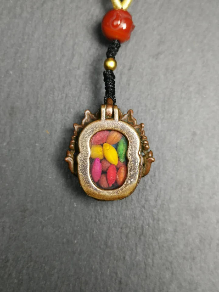Gandhanra Antique Tibetan Gau Box Amulet,Unique Citipati Skull Ghau Shrine,Mini Tibetan Buddhist Altar Necklace with Colorful Offerings