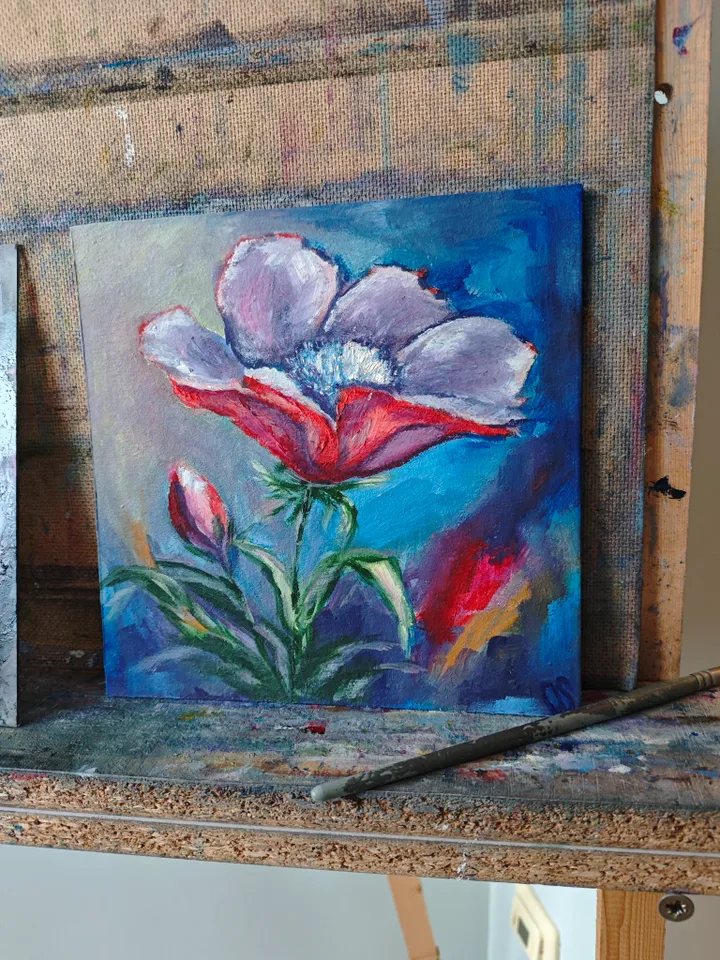 Poppy Abstract Original Painting Floral Original Art Red Flower Modern Artwork Bright Red Poppy Oil Painting Red Poppy Wall Decor Art 8 x 8 inches by Olga SokolovaArt