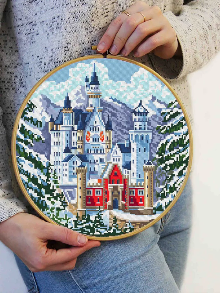 Winter landscape cross stitch pattern download PDF Neuschwanstein castle cross stitch chart, Nature embroidery digital, Snowy mountains #C3