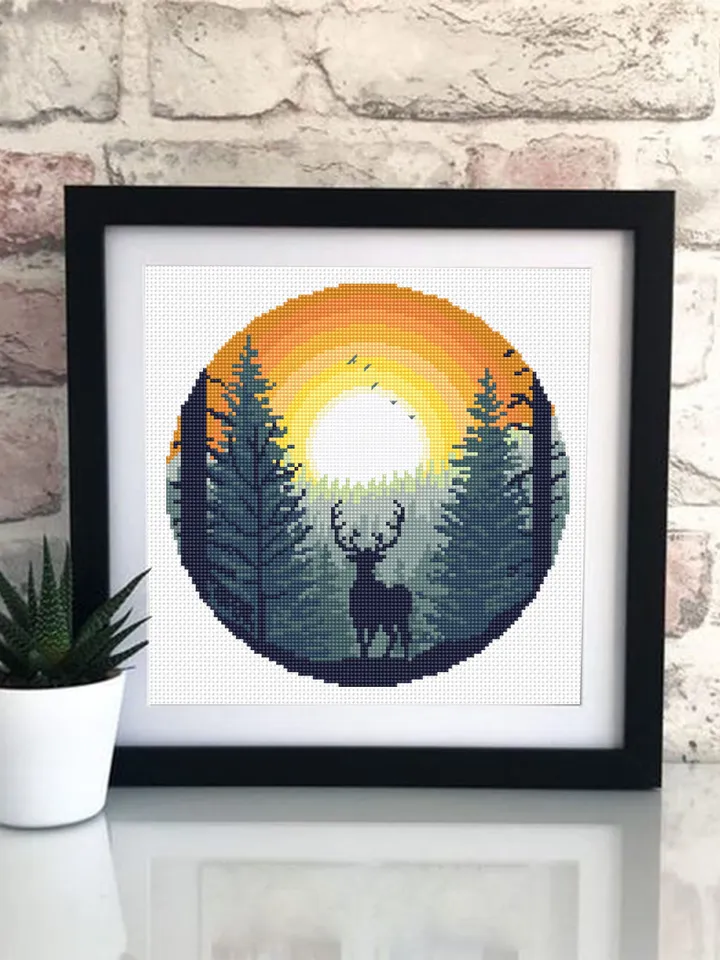 Nature landscape cross stitch pattern PDF download Deer in forest cross stitch chart, Forest sunset pattern digital PDF Deer silhouette #L75