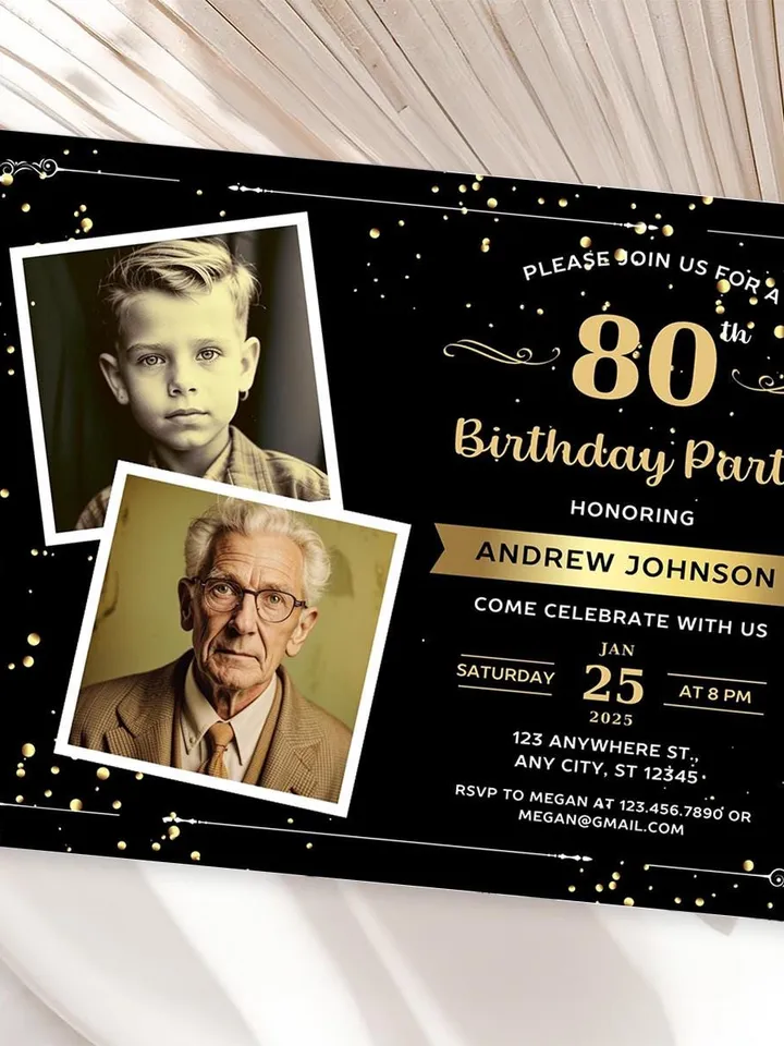 80th Birthday invitation with Photo | Adult Birthday Photo Invite | Mens birthday Black Gold landscape invitation card | Canva template