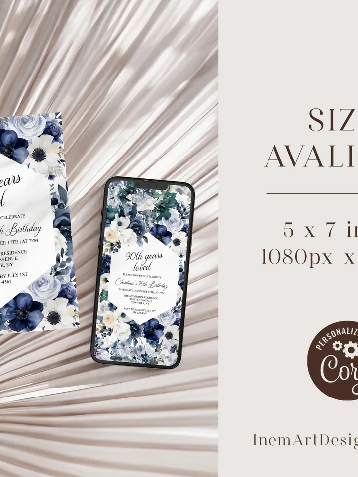 90th Birthday Invitations, Printable 90th Birthday Party Invitation, Navy Blush Floral 90th, 95th Birthday Invite - i133(2)