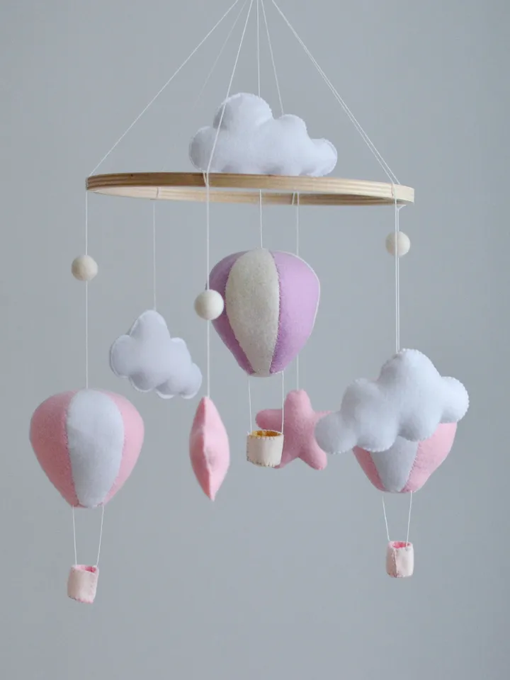 Hand sewn  baby mobile for nursery decor with Hot air balloons,clouds and stars