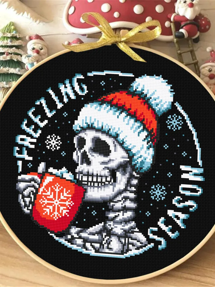 Skeleton Christmas cross stitch pattern PDF download Gothic Christmas pattern digital PDF, Skull cross stitch chart, Freezing season #N109