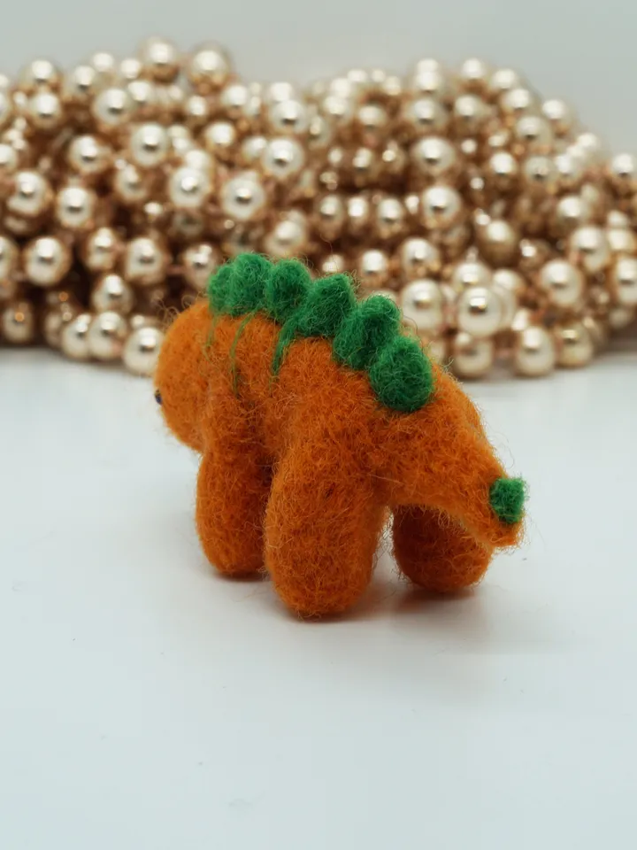 Miniature needle felted stegosaurus dinosaur, orange dinosaur, ready to ship from the USA