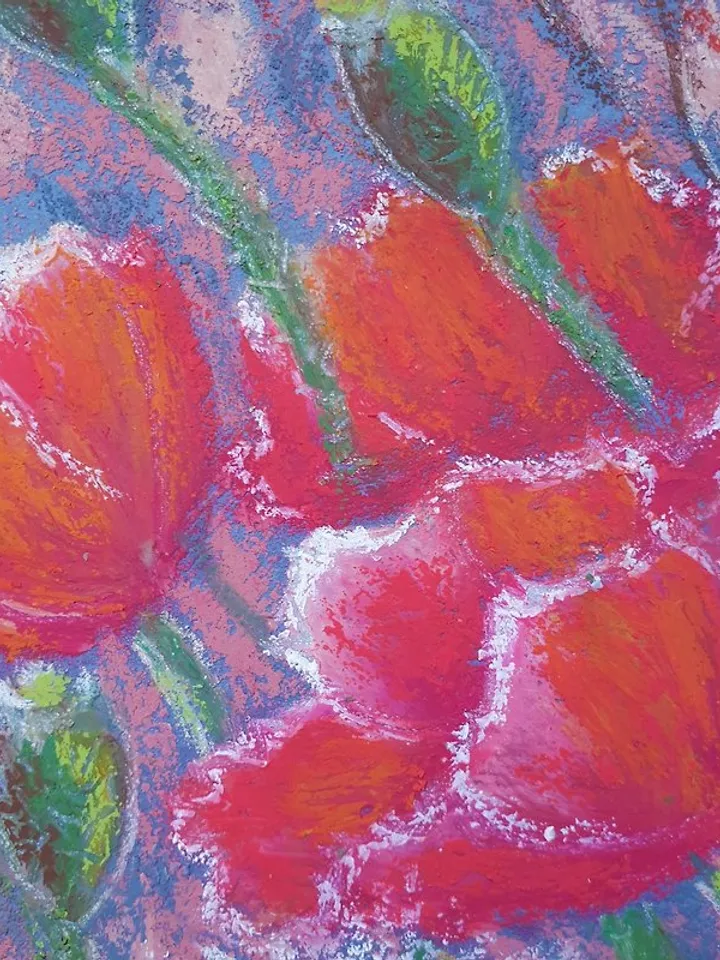 Red Poppies Painting Wildflowers Original Art Meadow Drawing Oil Pastel Painting