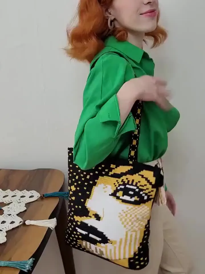 Crochet black yellow purse Art to wear purse Yellow crochet portrait bag Crochet festival bag Unıque crochet bag Wayuu bag Macrame strap