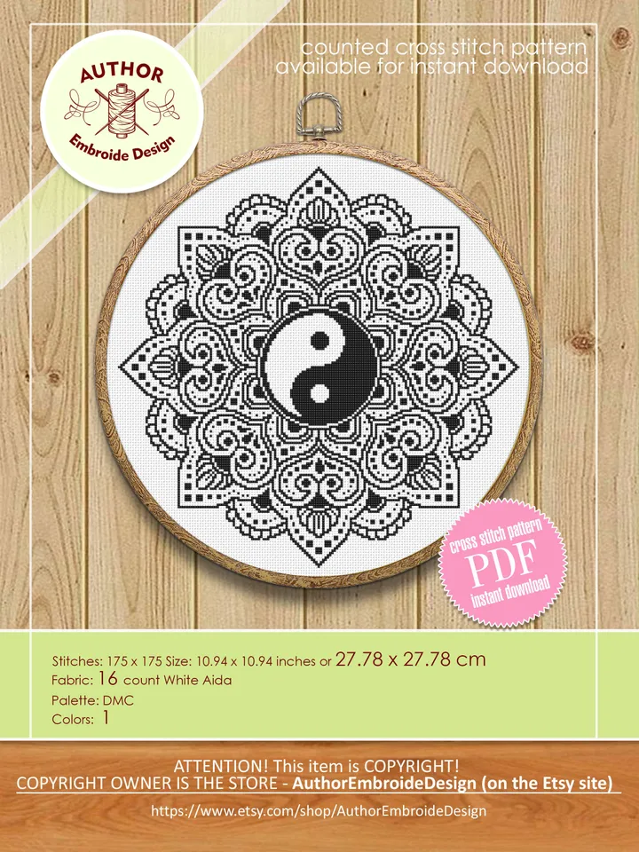 Yin yang mandala cross stitch pattern download PDF Meditation yoga cross stitch Floral mandala digital Ying yang xstitch chart modern #M153