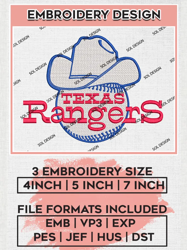 Texas Rangers Logo Embroidery Designs, MLB Texas Rangers Embroidery Design, MLB Embroidery Design Files, MLB Logo, 3 sizes, Machine embroidery Files, Digital Download