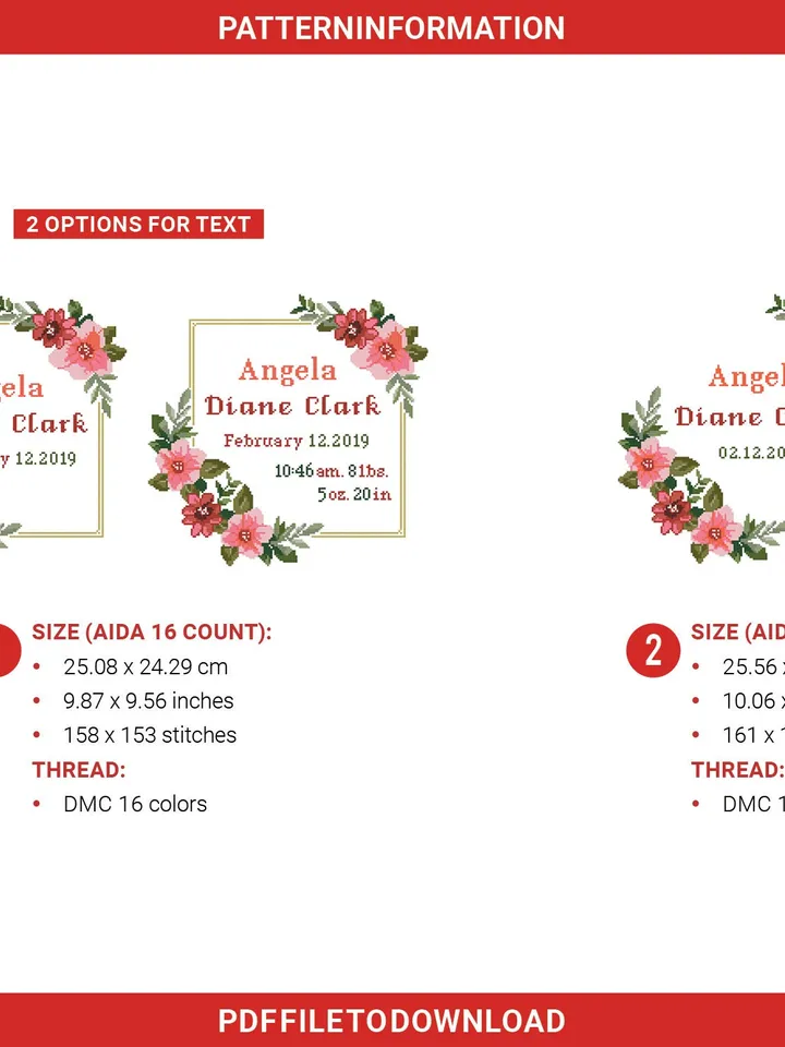 Floral Frame Bundle Birth announcement cross stitch pattern baby boy girl nursery decor counted chart gift DIY, embroidery, instant PDF