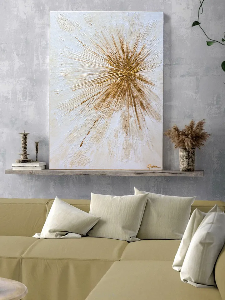 Star Light wall art | Modern Abstract Christmas Painting | 3D Gold Effect Acrylic Art on Canvas 70x50 cm | Handmade Artwork