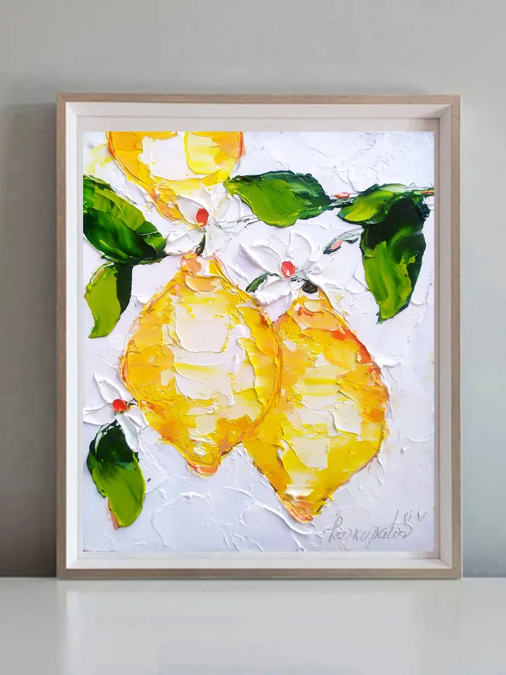 Lemon Painting Italy Original Art Impasto Painting Seascape Painting Abstract Art Floral Small Artwork 6 by 5 by Art ProkopaloSv