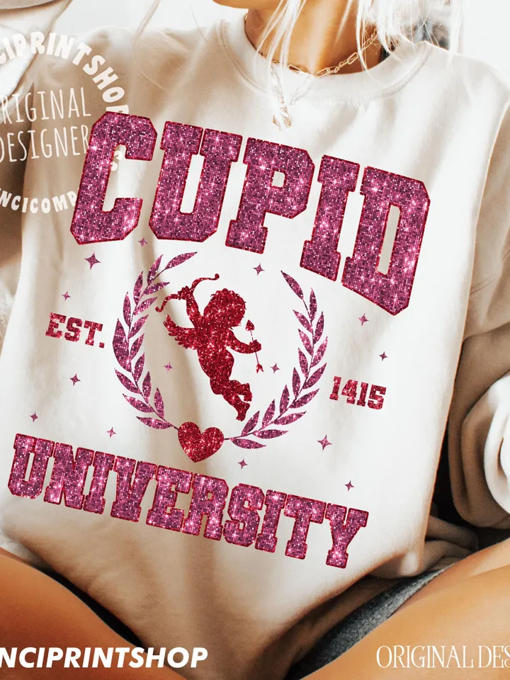 Glitter Cupid University PNG, Valentines Day T Shirt Sublimation, Retro Valentines png, Love Sublimation, Cupid png, Heart png, Valentines