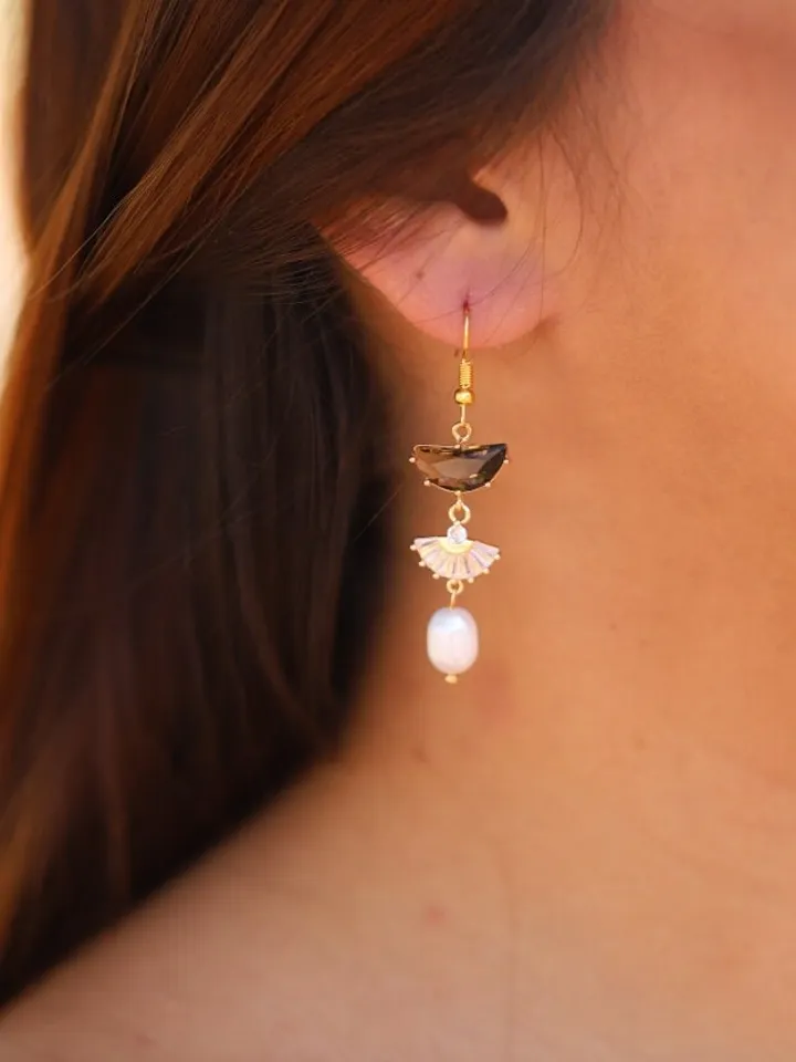 Art deco Wedding Earrings For Bride, Freshwater Pearl Boho Bridal Earrings, Vintage Style, Statement Earrings, Fan Earrings, Boho Jewelry